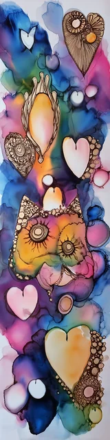 Free abstract cat art bookmarks featuring a melting cat face with hearts